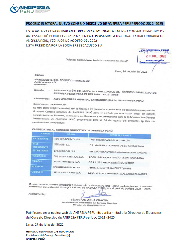 Proceso electoral nuevo consejo directivo de ANEPSSA PERÚ periodo 2022-2025