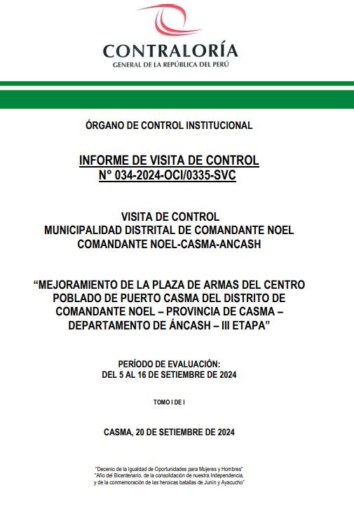 Contraloría comunica alertas en obra de plaza de armas de Comandante Noel valorizada en S/ 396 mil